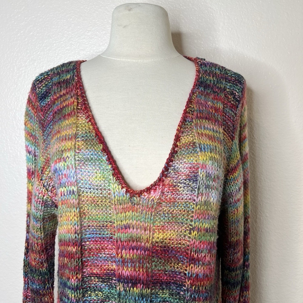 Inked & Faded Womens XL Rainbow Pullover V-Neck Sweater Varigated Knit